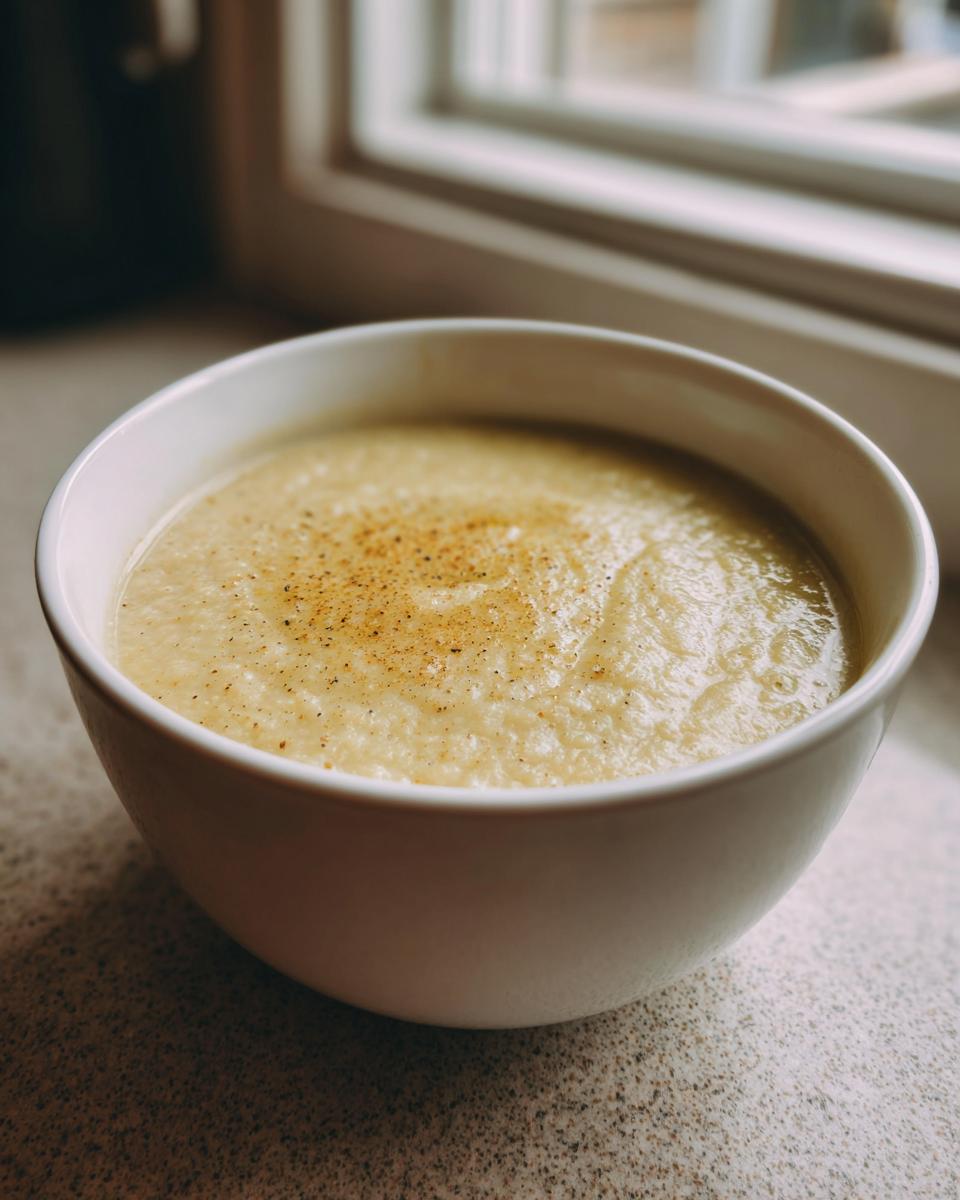 A creamy bowl of roasted cauliflower soup, lightly seasoned with pepper, sitting near a window.