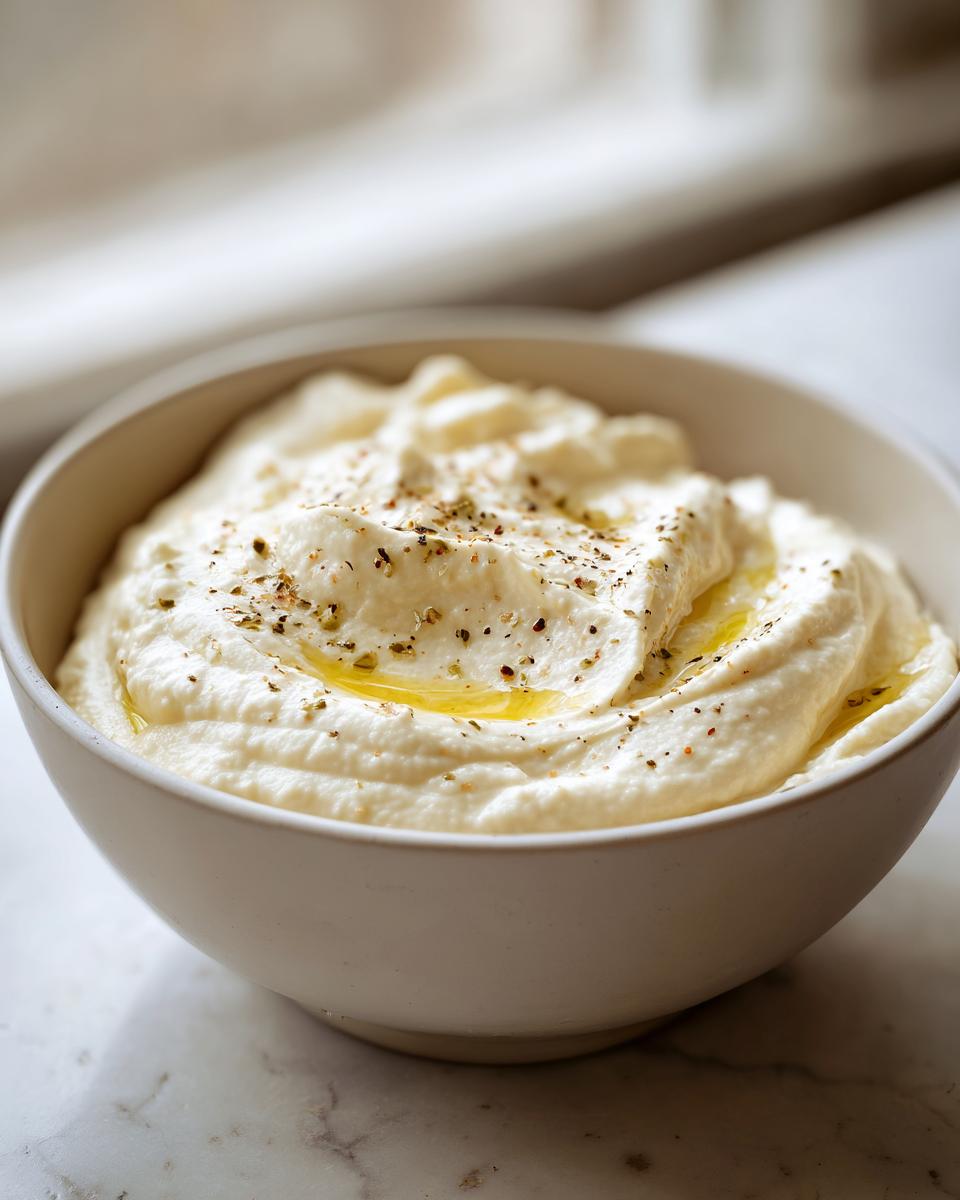 Close-up of a bowl of thick, creamy roasted cauliflower soup garnished with olive oil and herbs.