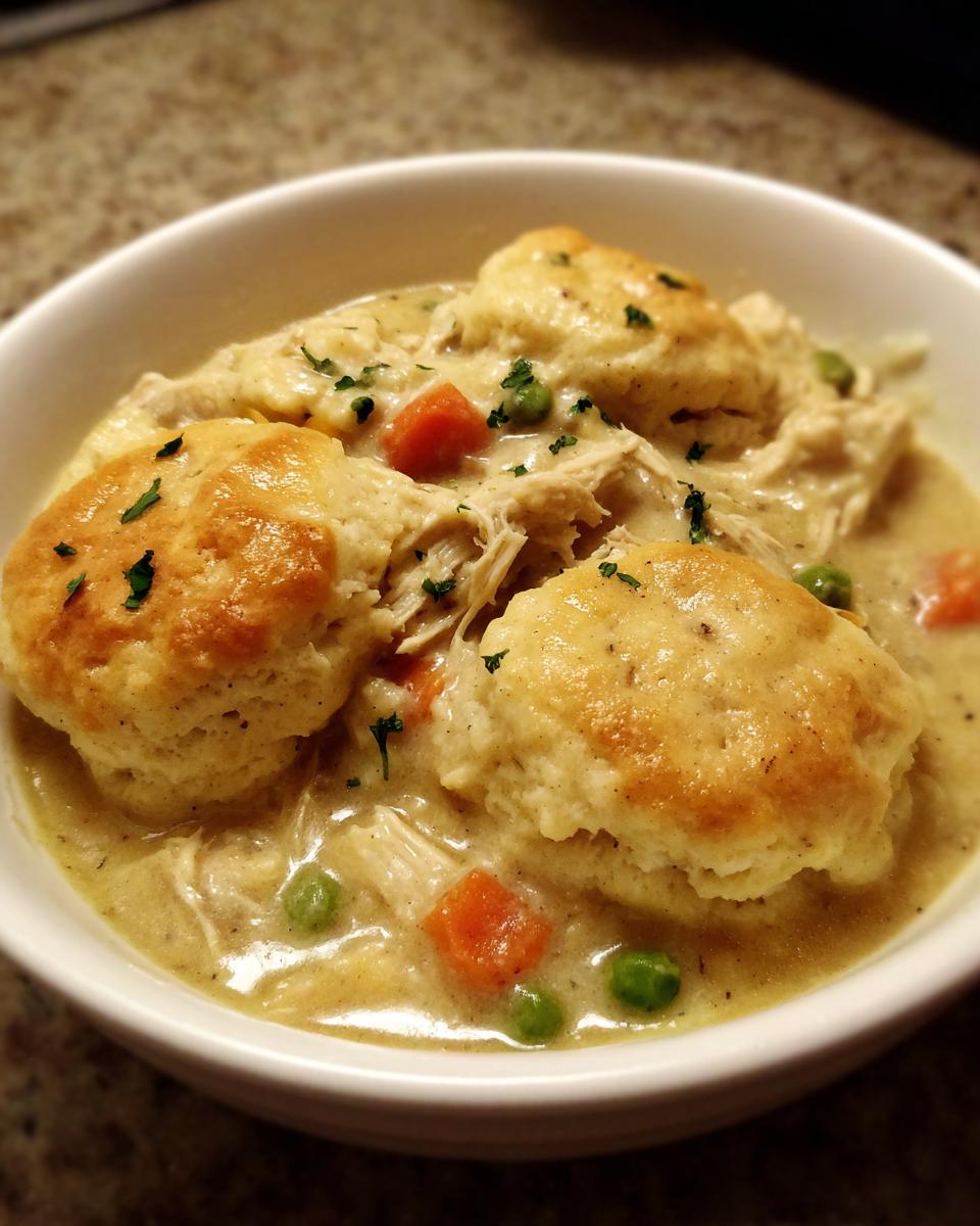 A close-up of a white bowl filled with rich, creamy slow cooker chicken and dumplings, topped with golden biscuits and parsley.
