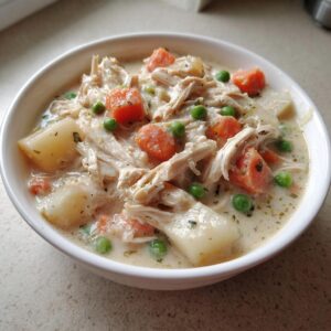 A close-up of a hearty bowl of creamy slow cooker chicken stew with shredded chicken, potatoes, carrots, and peas.