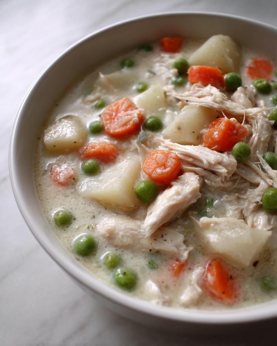 Close-up of a hearty bowl of slow cooker chicken stew with shredded chicken, potatoes, carrots, and peas in a creamy sauce.