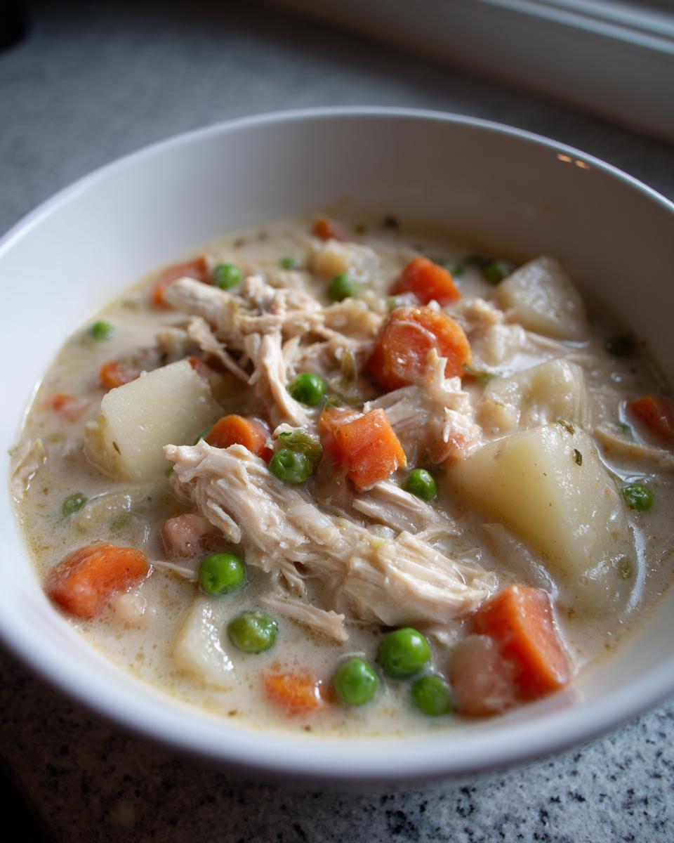 A close-up view of a hearty bowl of creamy slow cooker chicken stew filled with shredded chicken, carrots, potatoes, and peas.