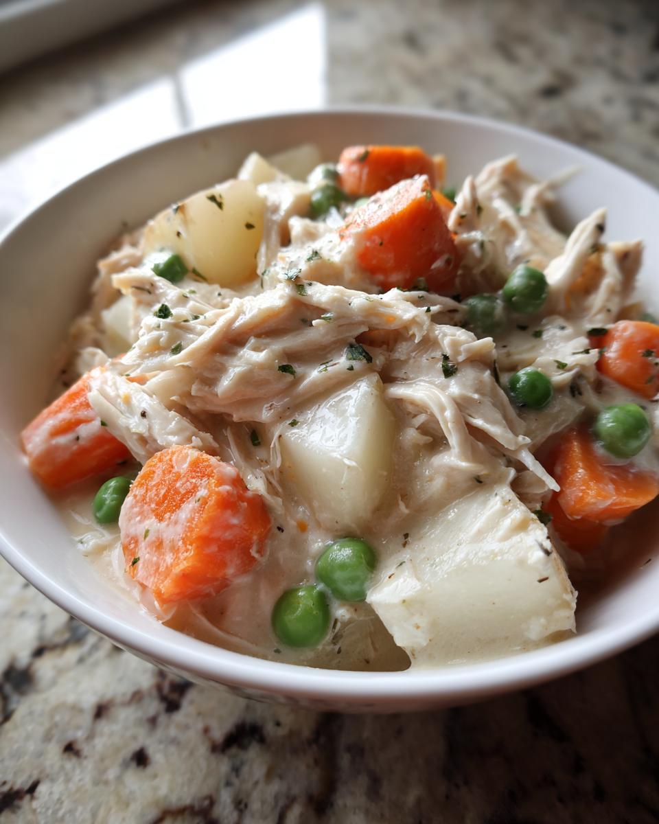 Close-up of a creamy slow cooker chicken stew featuring shredded chicken, chunks of potato, bright orange carrots, and green peas.