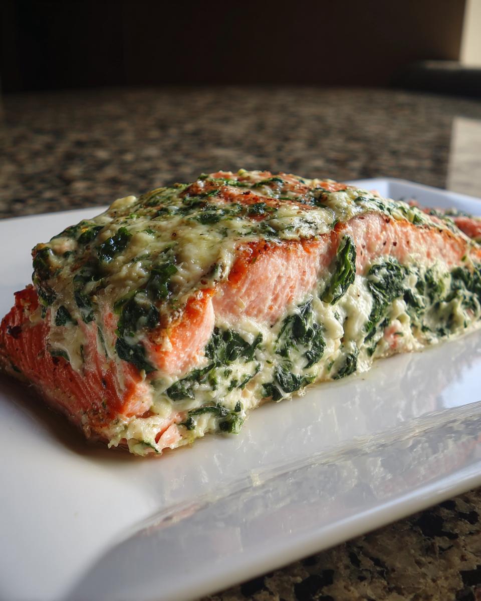 A thick fillet of baked stuffed salmon, topped with creamy spinach and melted cheese, served on a white plate.