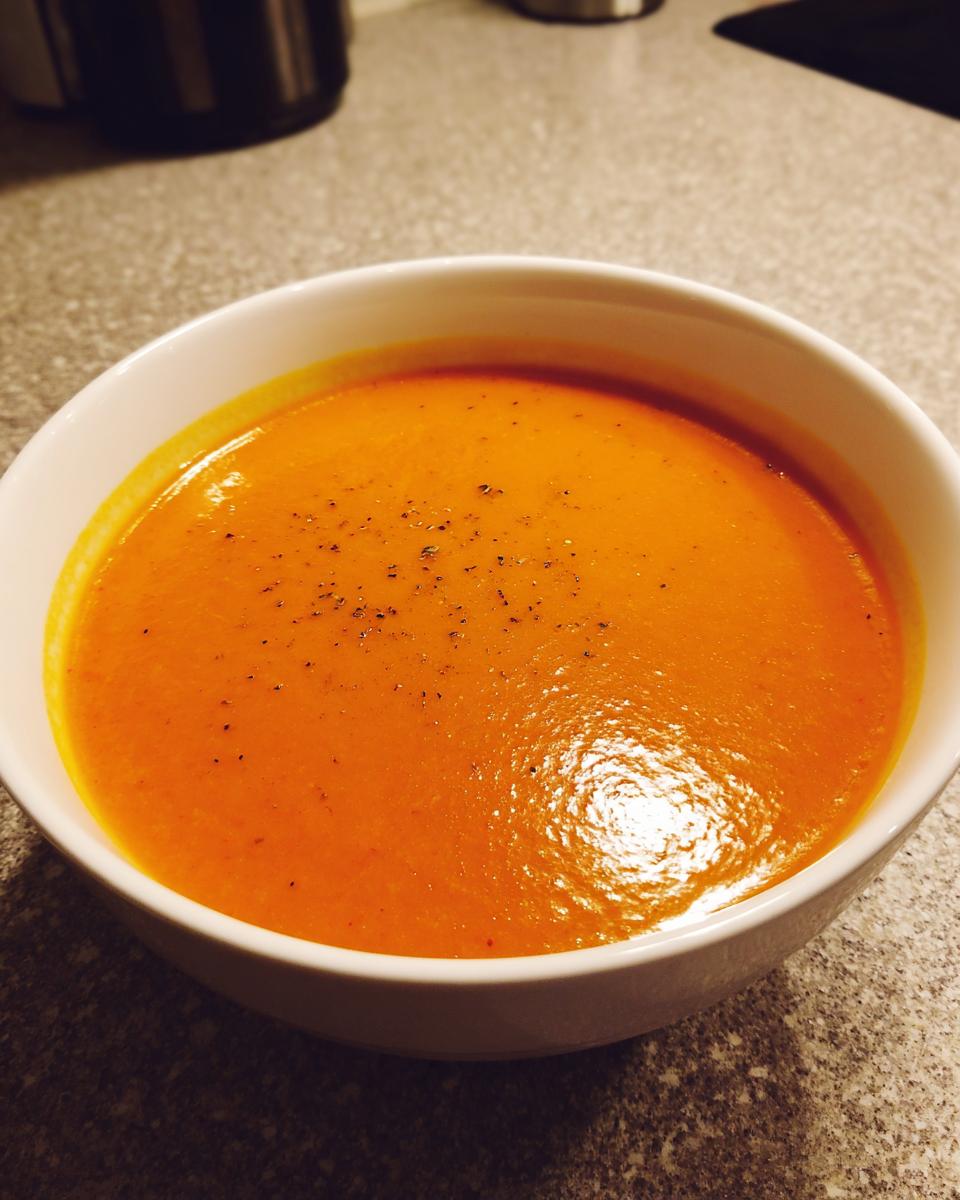 Close-up of a white bowl filled with bright orange, creamy tomato bisque, garnished with black pepper.