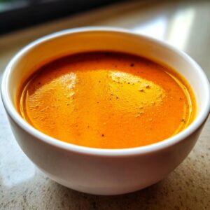 A close-up, appetizing shot of rich, creamy tomato bisque with visible pepper specks in a white bowl.