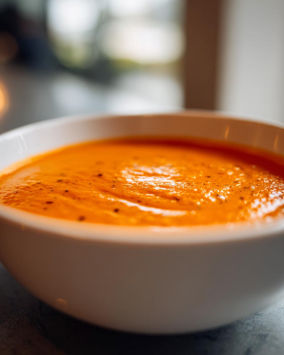 Close-up of a white bowl filled with rich, orange-red tomato bisque, lightly seasoned.