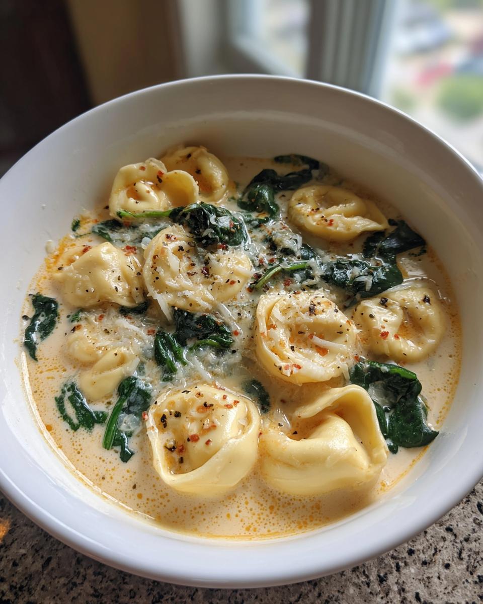 Close-up of a white bowl filled with creamy tortellini soup, spinach, and topped with grated Parmesan cheese and pepper.