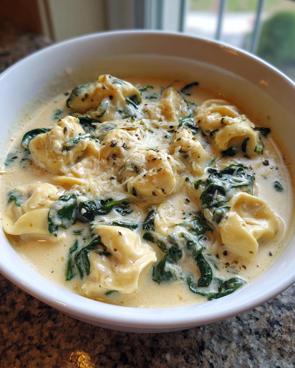 Close-up of creamy tortellini soup with spinach and grated cheese in a white bowl.