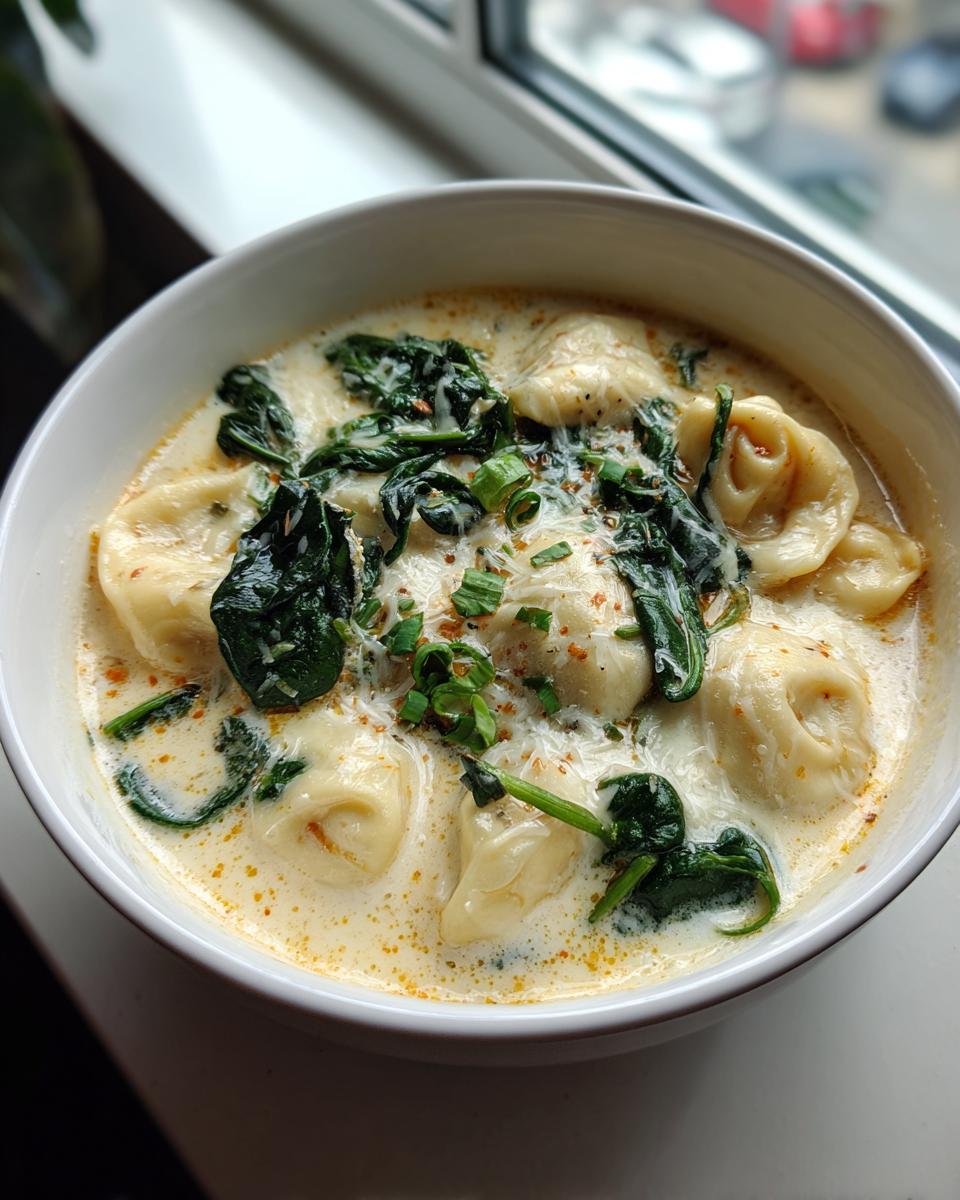 A close-up of creamy tortellini soup filled with cheese tortellini, wilted spinach, and topped with grated parmesan and chives.