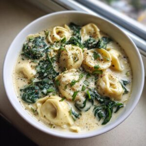 Close-up of a bowl of creamy tortellini soup loaded with wilted spinach and garnished with pepper and chives.