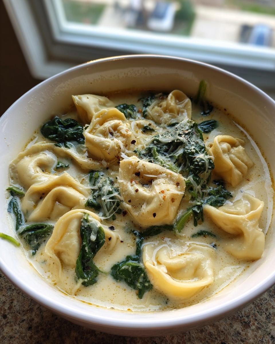 Close-up of a white bowl filled with creamy tortellini soup, featuring cheese tortellini, wilted spinach, and grated Parmesan.