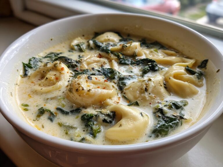 Close-up of a white bowl filled with creamy tortellini soup, featuring cheese tortellini and wilted spinach, seasoned with herbs.