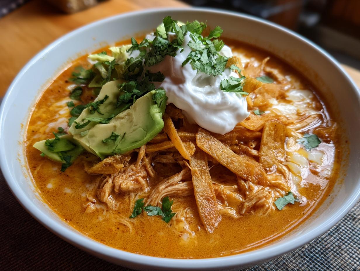 Close-up of a rich, orange-hued tortilla soup recipe bowl filled with shredded chicken, tortilla strips, avocado, and sour cream.