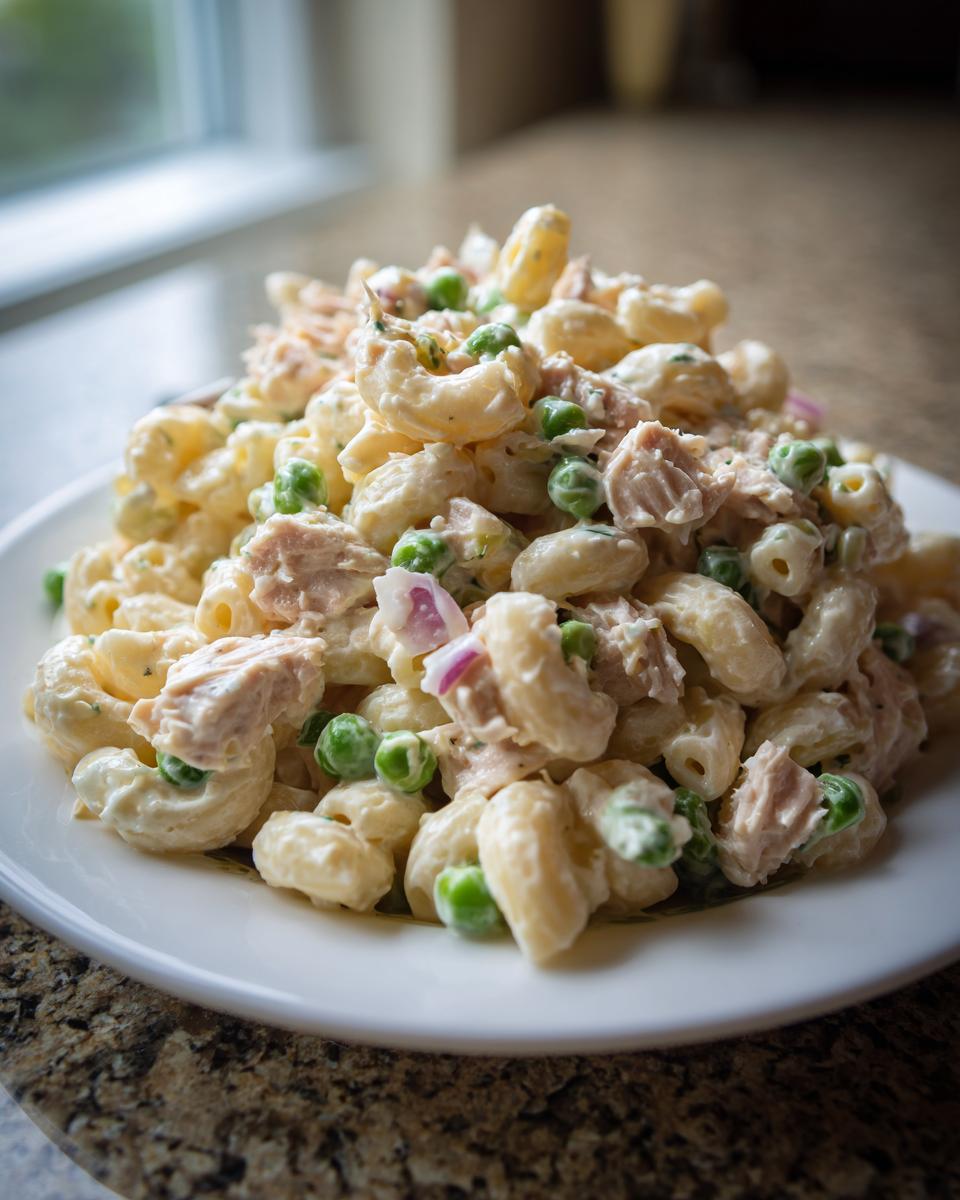 A mound of creamy tuna pasta salad made with elbow macaroni, tuna chunks, bright green peas, and diced red onion on a white plate.