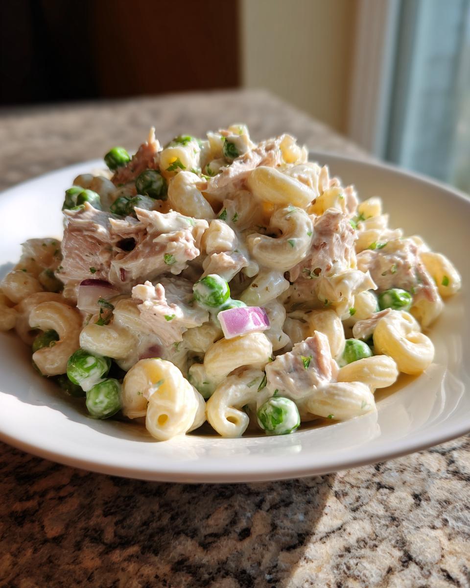 A close-up of creamy Tuna pasta salad featuring elbow macaroni, green peas, and chunks of red onion on a white plate.