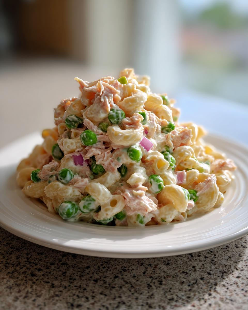 A mound of creamy tuna pasta salad featuring elbow macaroni, green peas, and red onion on a white plate.