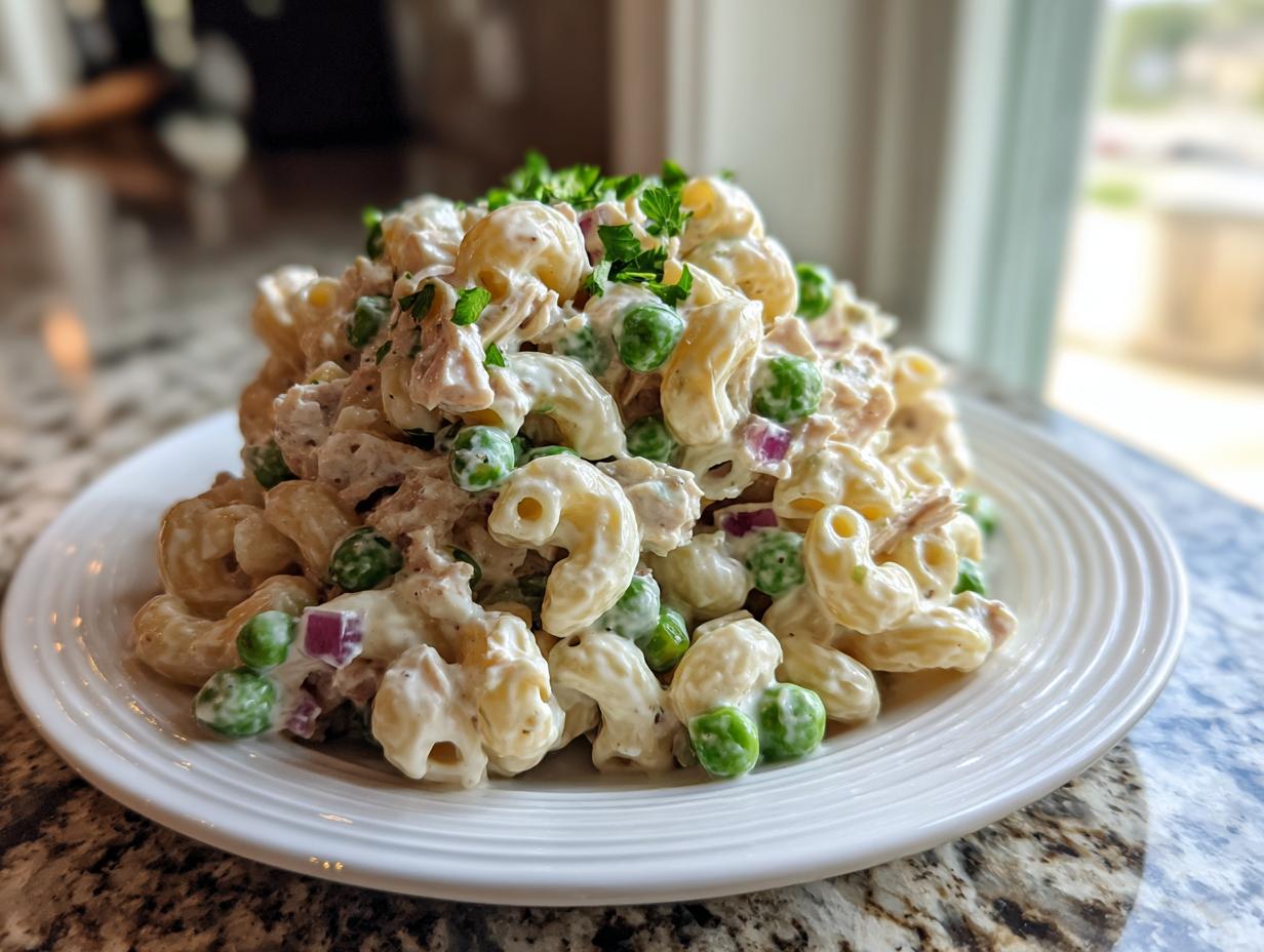 A generous serving of creamy tuna pasta salad featuring elbow macaroni, bright green peas, and diced red onion, garnished with parsley.