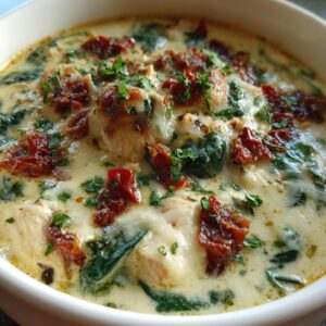 Close-up of a bowl of creamy white chicken lasagna soup with spinach, sun-dried tomatoes, and herbs.