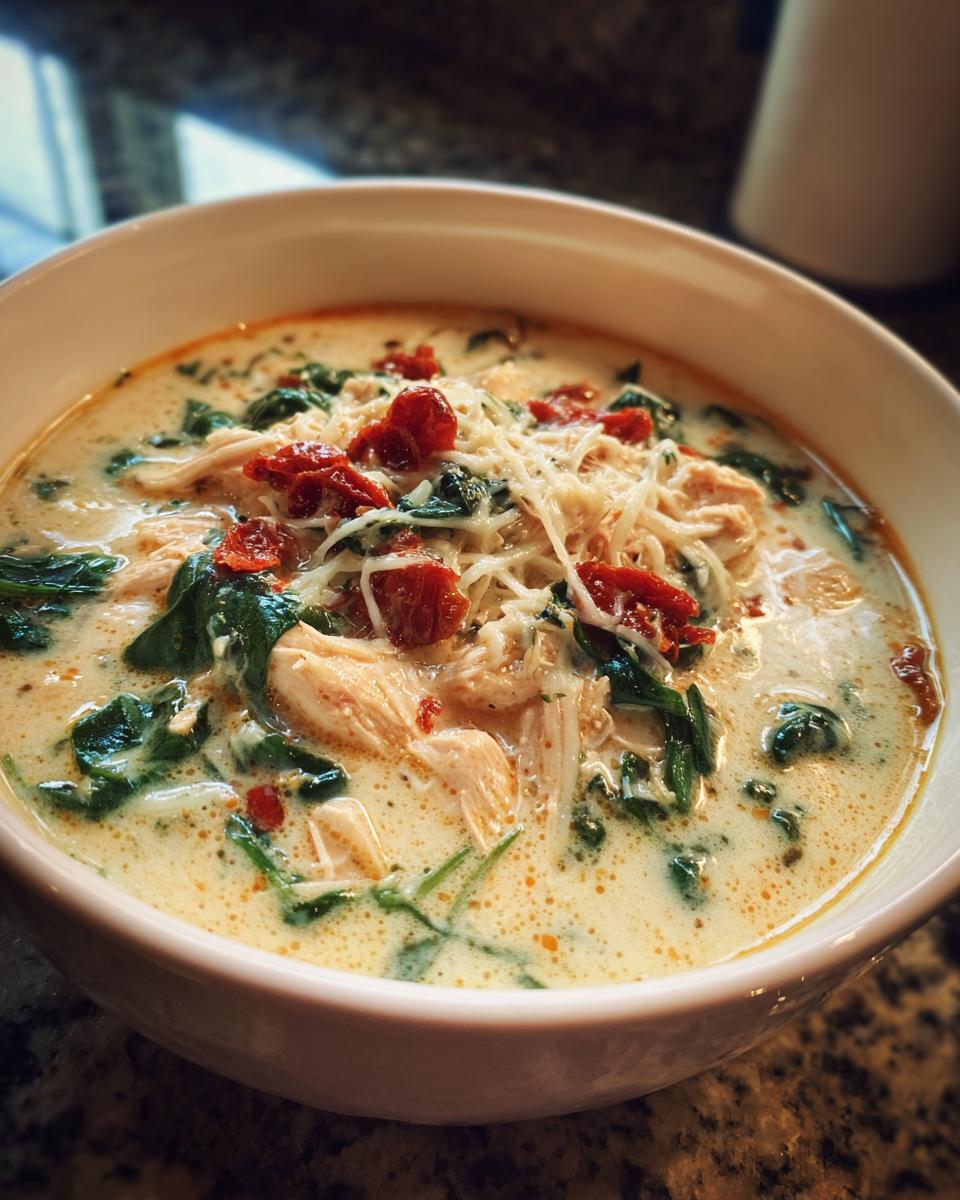 A close-up of a white bowl filled with creamy white chicken lasagna soup, topped with shredded cheese, spinach, and sun-dried tomatoes.