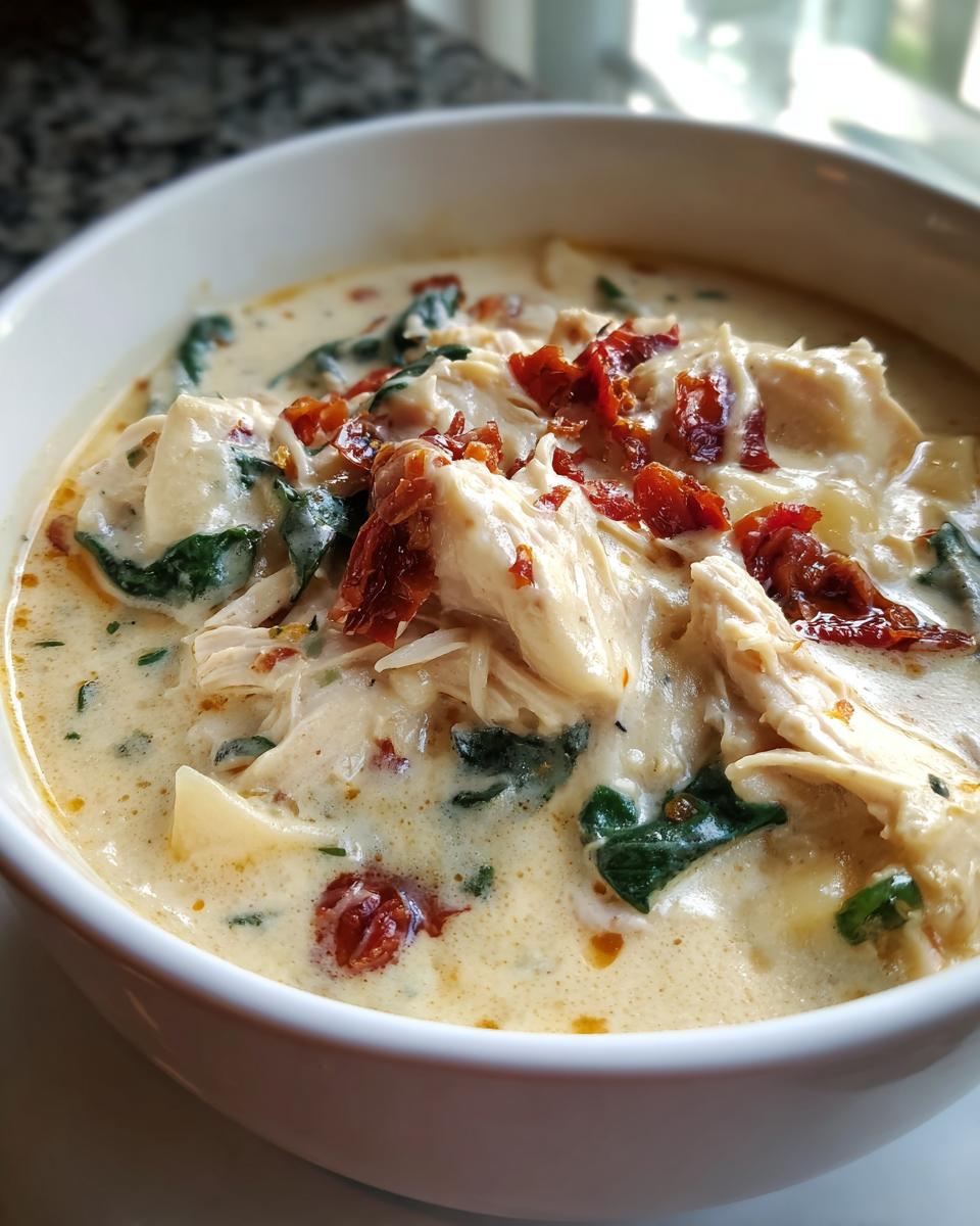 Close-up of a white bowl filled with creamy white chicken lasagna soup, topped with shredded chicken and sun-dried tomatoes.