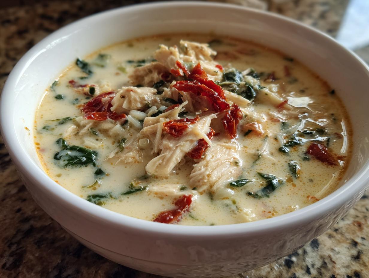 Close-up of a white bowl filled with creamy white chicken lasagna soup, topped with shredded chicken and sun-dried tomatoes.
