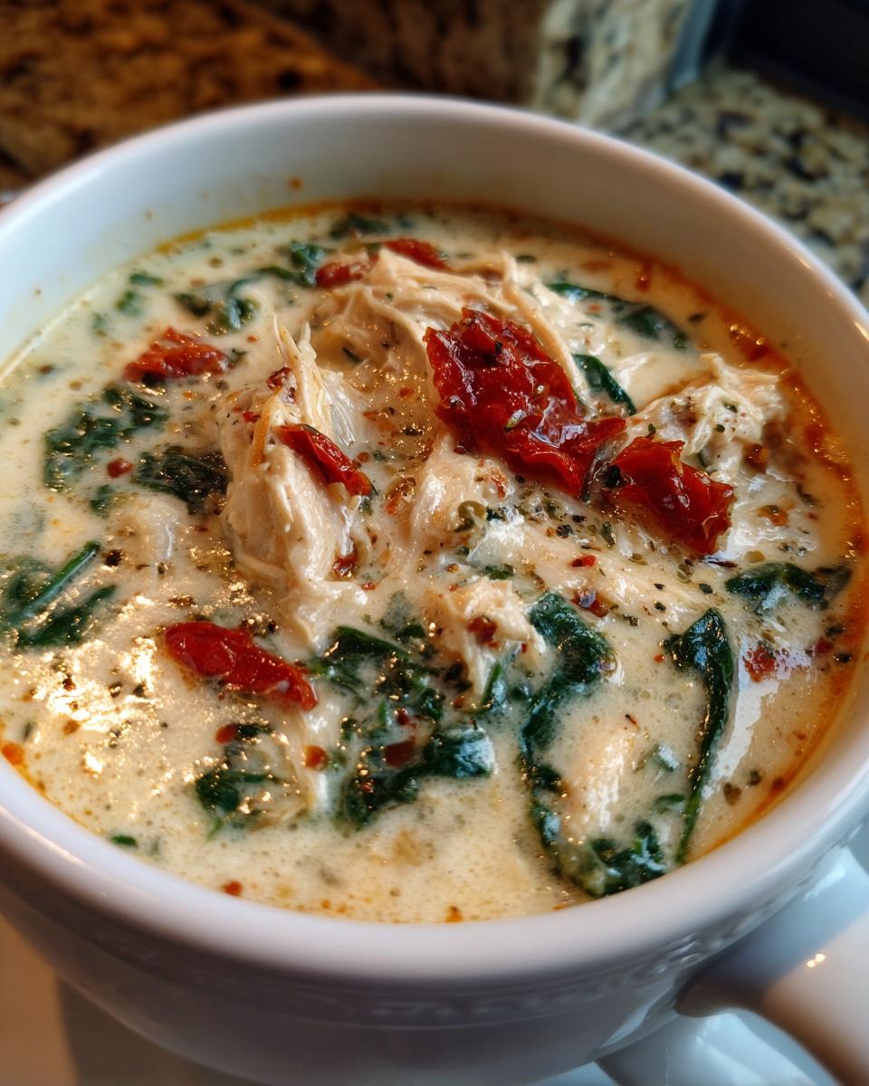 Close-up view of a bowl of creamy white chicken lasagna soup, featuring shredded chicken, spinach, and sun-dried tomatoes.