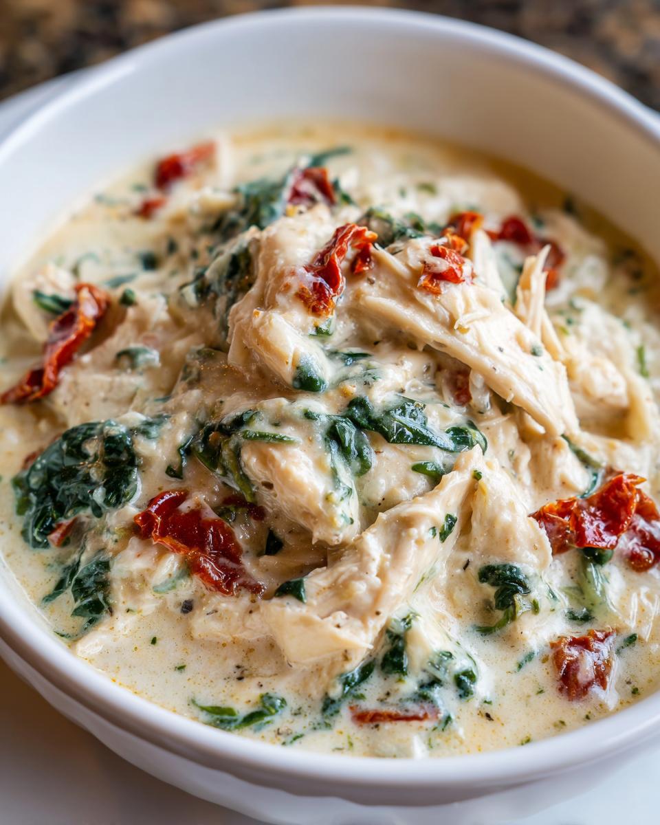 Close-up of creamy white chicken lasagna soup featuring shredded chicken, spinach, and sun-dried tomatoes.