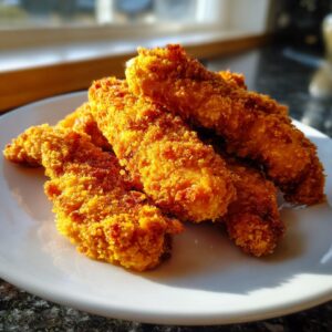 Close-up of several golden brown, crispy air fryer chicken tenders stacked on a white plate.