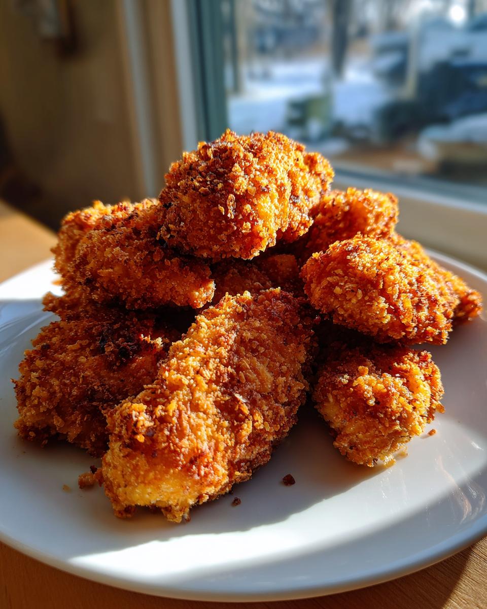 A pile of golden brown, crispy air fryer chicken tenders stacked on a white plate, backlit by a window.