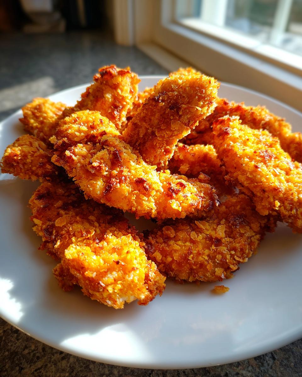 A pile of golden brown, crispy air fryer chicken tenders resting on a white plate, backlit by sunlight.