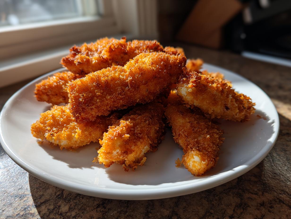 A pile of golden brown, crispy air fryer chicken tenders stacked on a white plate, lit by sunlight.