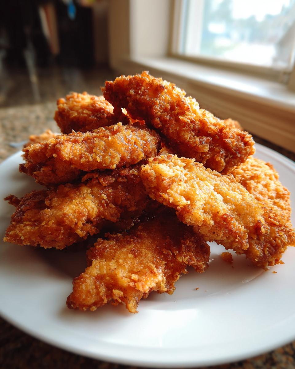 A close-up stack of golden brown, crispy air fryer chicken tenders piled high on a white plate.