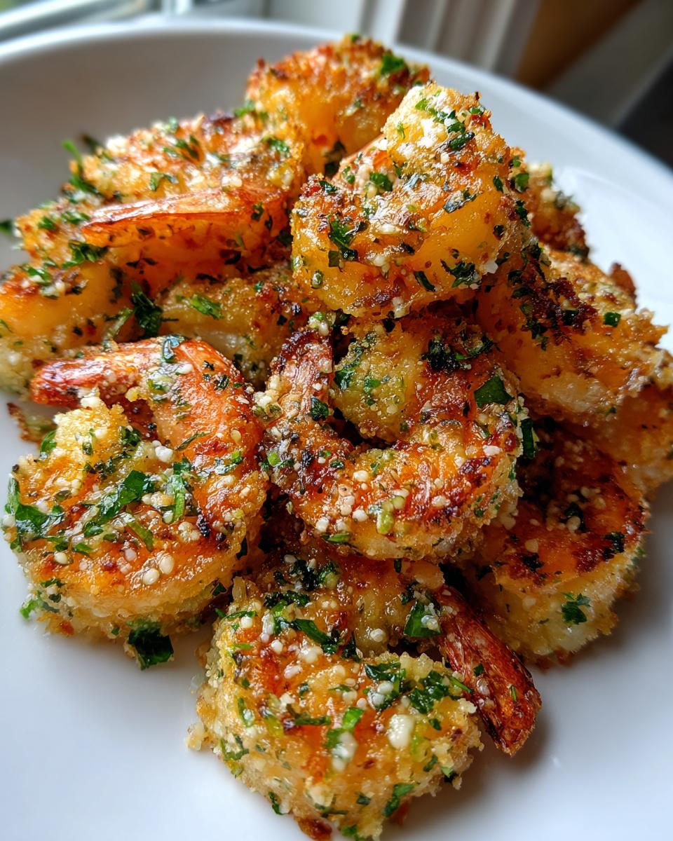 Close-up of crispy, golden air fryer shrimp coated in breading, garlic, and fresh parsley.