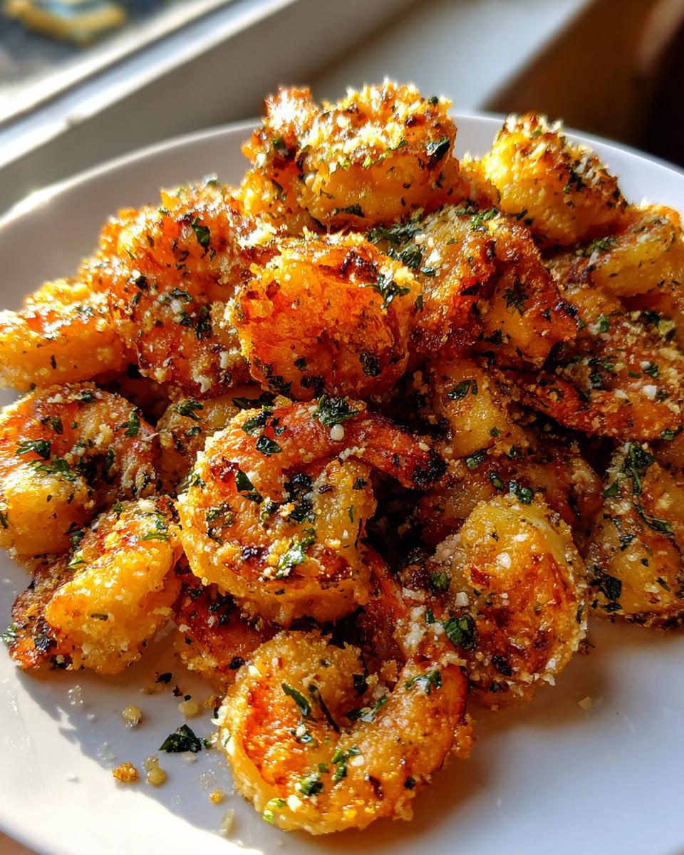A mound of golden, crispy air fryer shrimp seasoned with garlic and fresh parsley on a white plate.