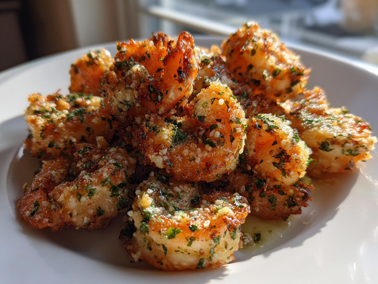 A close-up of golden, crispy air fryer shrimp seasoned with garlic and parsley, piled on a white plate.