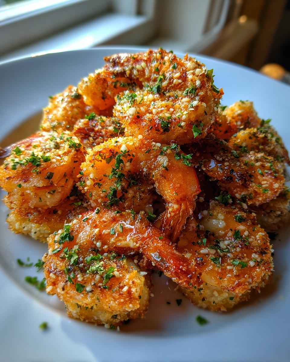 A close-up of a mound of golden, crispy air fryer shrimp seasoned with herbs and garlic, served on a white plate.