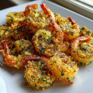 Close-up of golden, crispy air fryer shrimp coated in breadcrumbs and parsley served on a white plate.