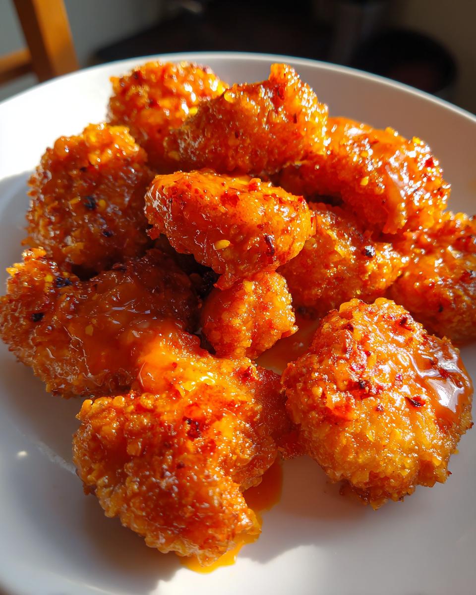 Close-up of crispy, orange-glazed Bang Bang Shrimp piled on a white plate, glistening in the sunlight.