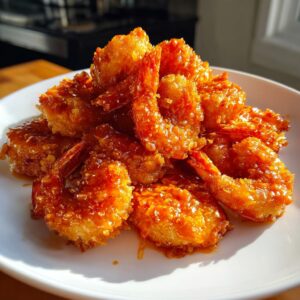 A pile of crispy, fried bang bang shrimp coated in a sweet and spicy orange glaze, served on a white plate.