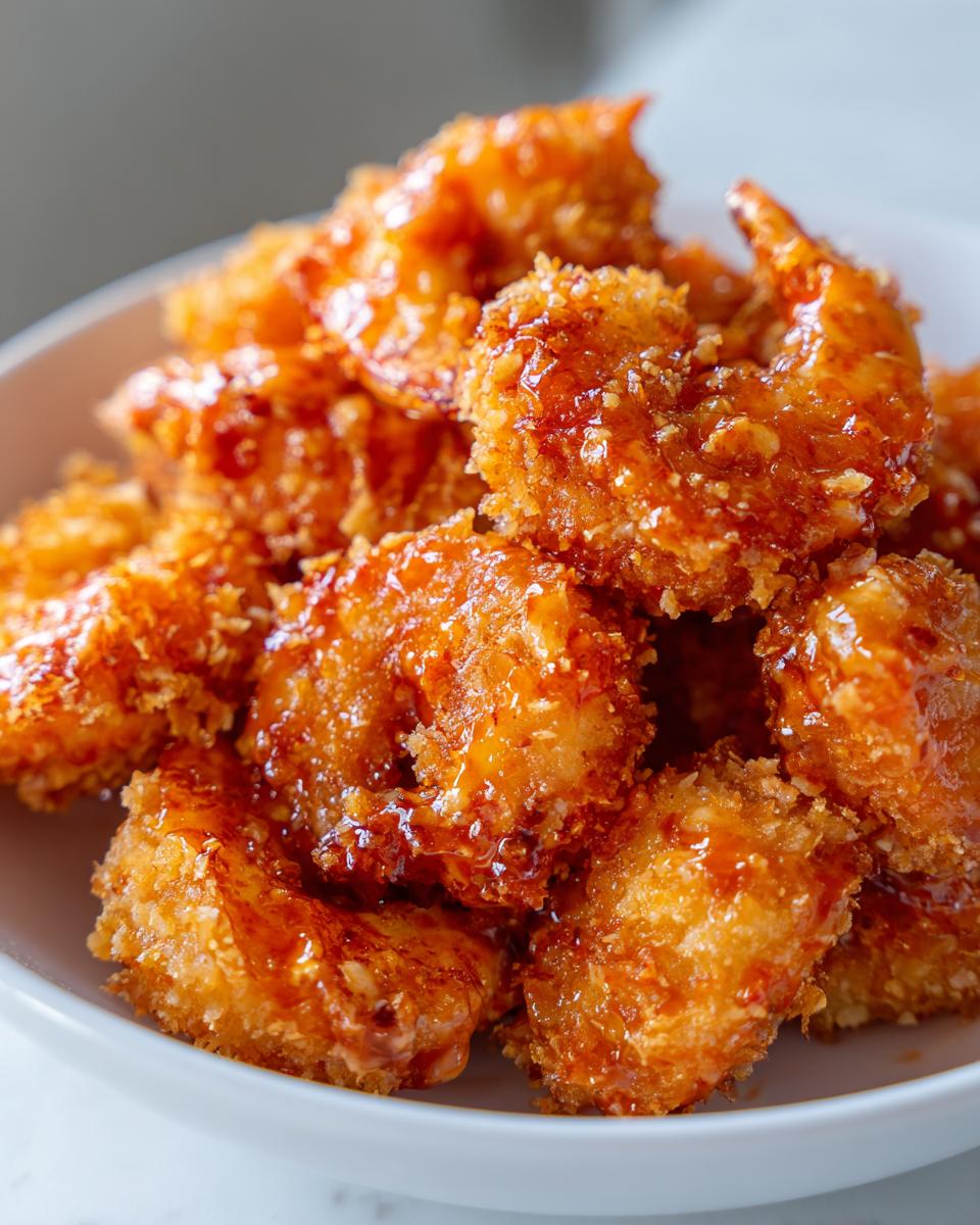 Close-up of crispy, deep-fried Bang Bang Shrimp tossed in a shiny, orange-brown sweet and spicy sauce.
