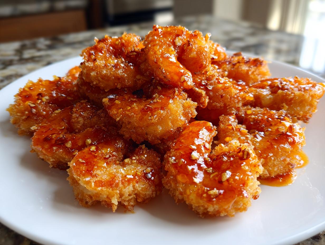 A pile of crispy, golden-brown Bang Bang Shrimp coated in a shiny, orange-red sweet chili glaze.