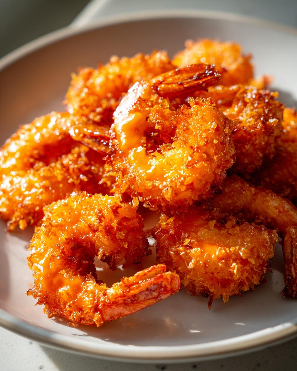 Close-up of crispy, orange-glazed Bang Bang Shrimp piled high on a light gray plate.