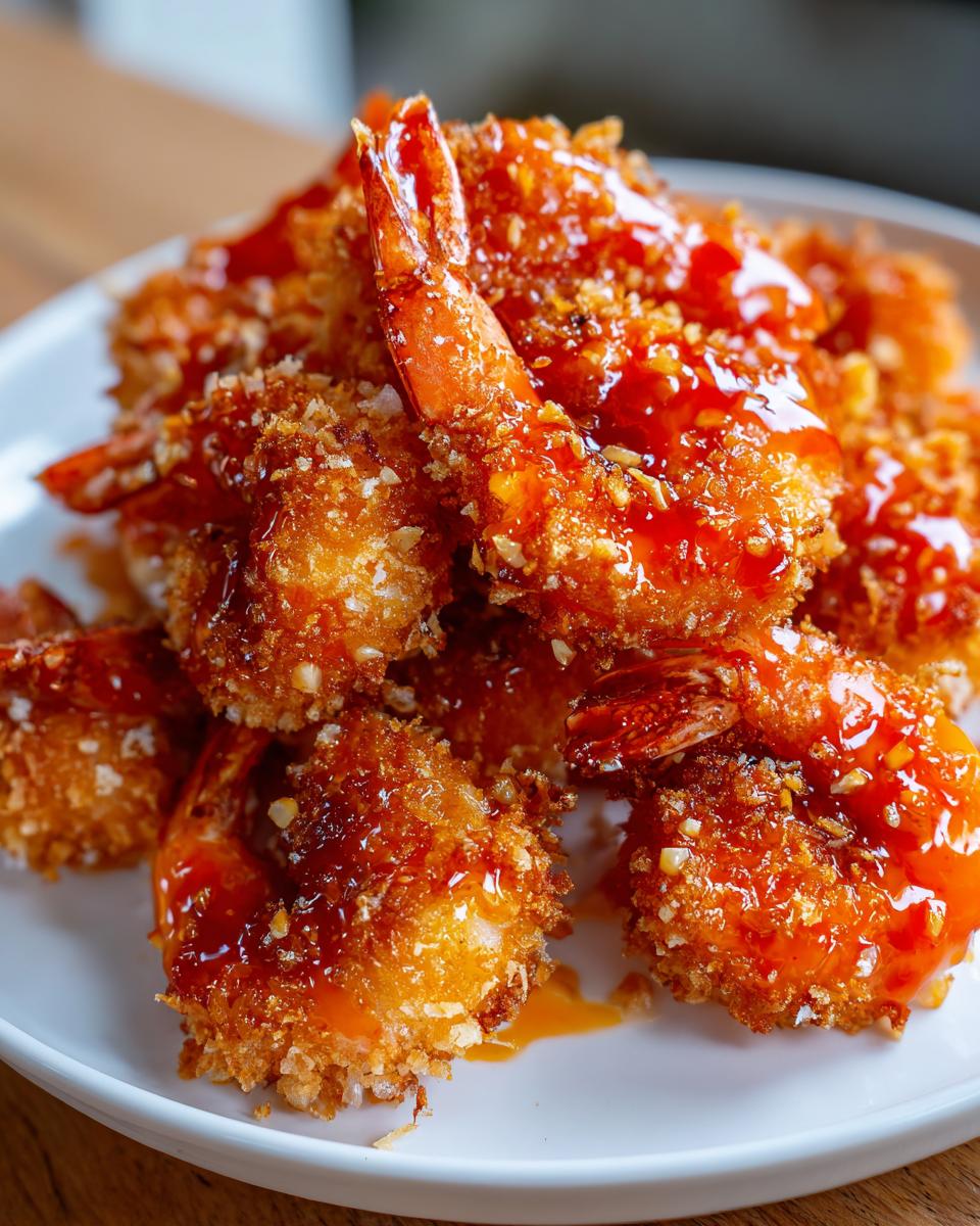 Close-up of crispy, golden-brown Bang Bang Shrimp piled on a white plate and generously coated in a glossy orange sauce.