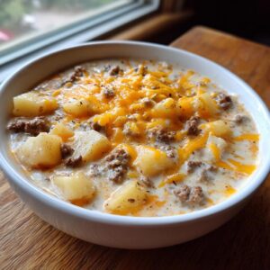A close-up of a white bowl filled with crockpot cheeseburger soup, featuring potatoes, ground beef, and melted cheddar cheese.