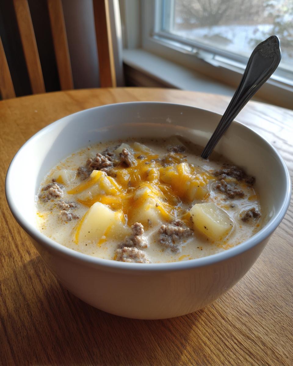 A white bowl filled with creamy crockpot cheeseburger soup, featuring chunks of potato, ground beef, and melted cheddar cheese.
