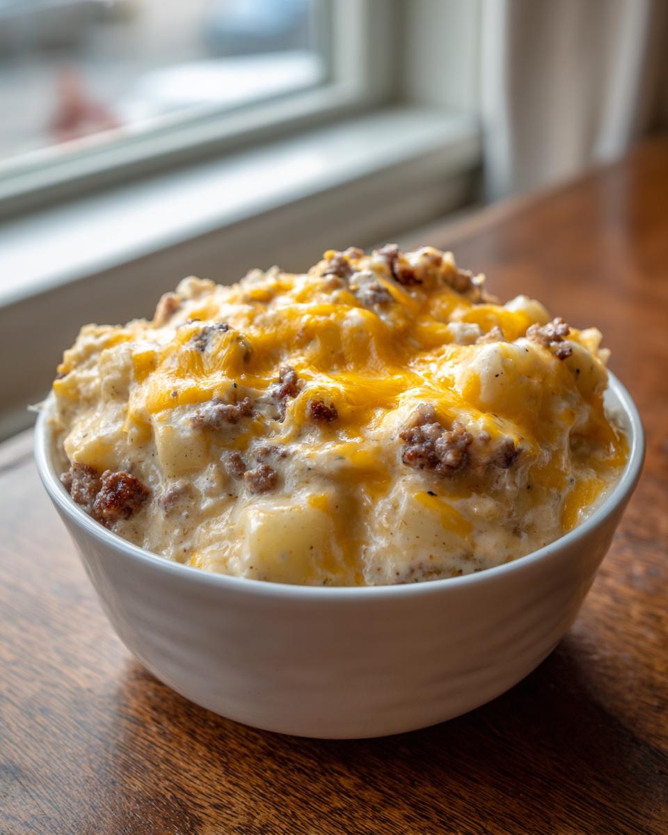 A hearty bowl of crockpot cheeseburger soup topped with melted cheddar cheese and ground beef.