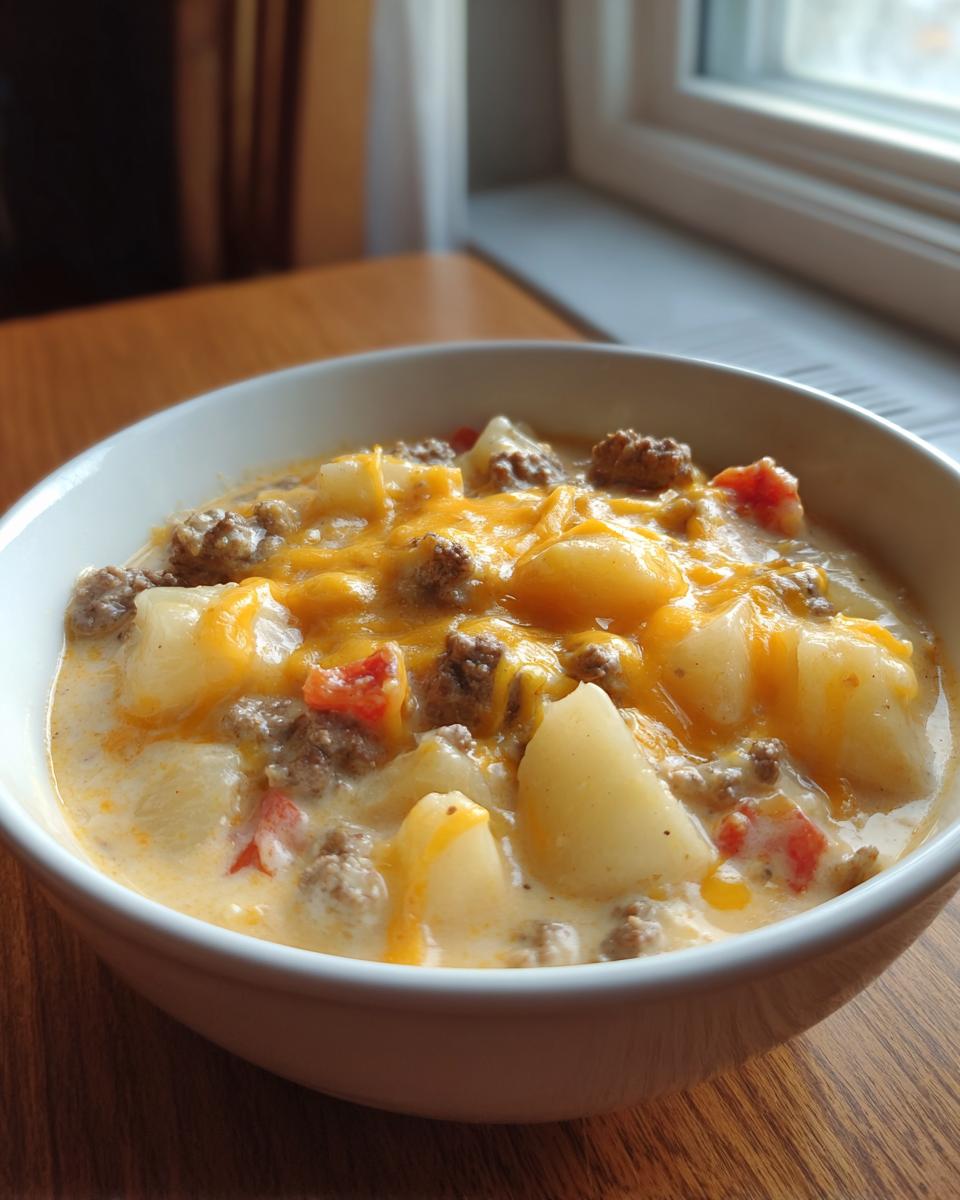 A close-up of a white bowl filled with creamy crockpot cheeseburger soup, featuring potatoes, ground beef, and melted cheddar cheese.