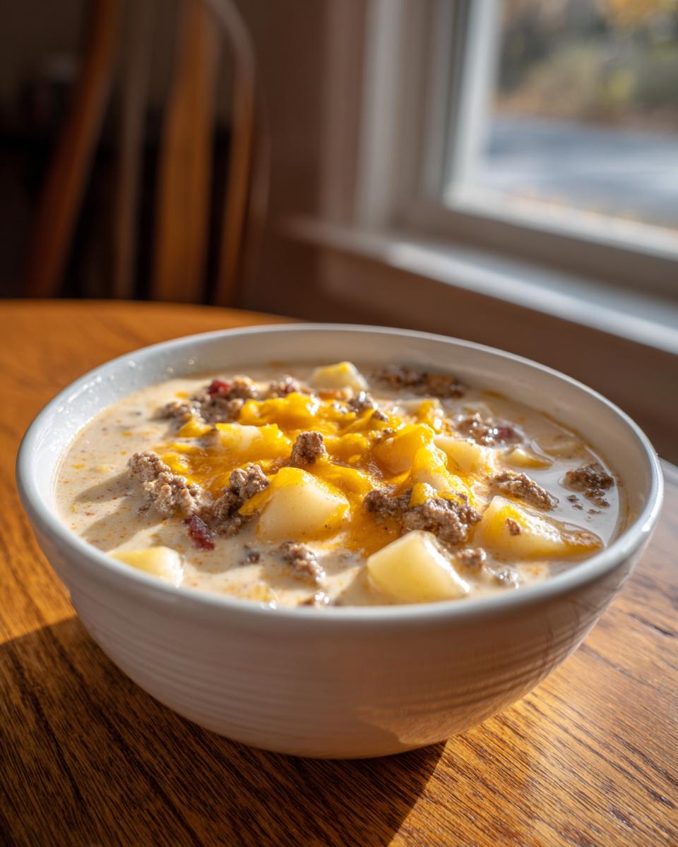 A close-up of a white bowl filled with creamy crockpot cheeseburger soup, topped with ground beef, potatoes, and melted cheddar cheese.