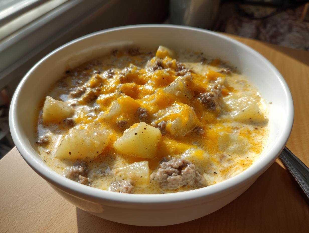 A close-up of a white bowl filled with creamy crockpot cheeseburger soup, featuring potatoes, ground beef, and melted cheddar cheese.